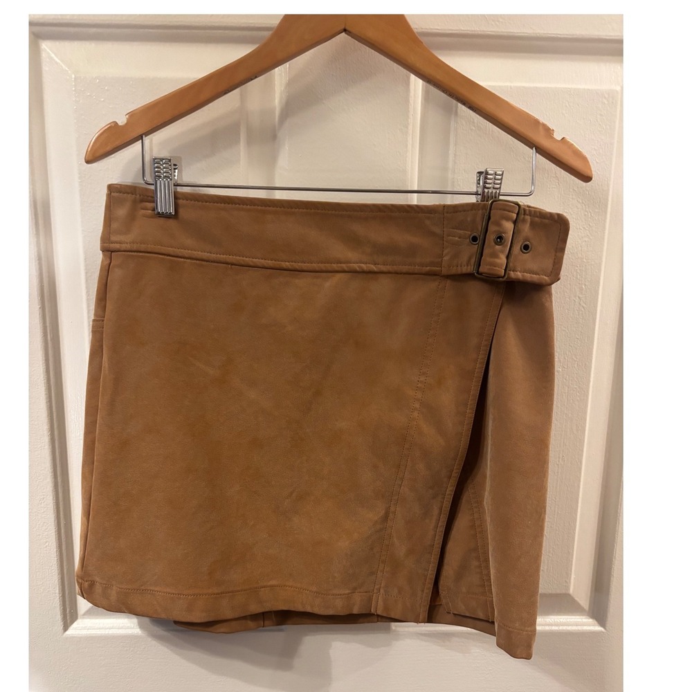 Free People Tan Brown Faux Leather Belted Wrap Mini Skirt Size 10